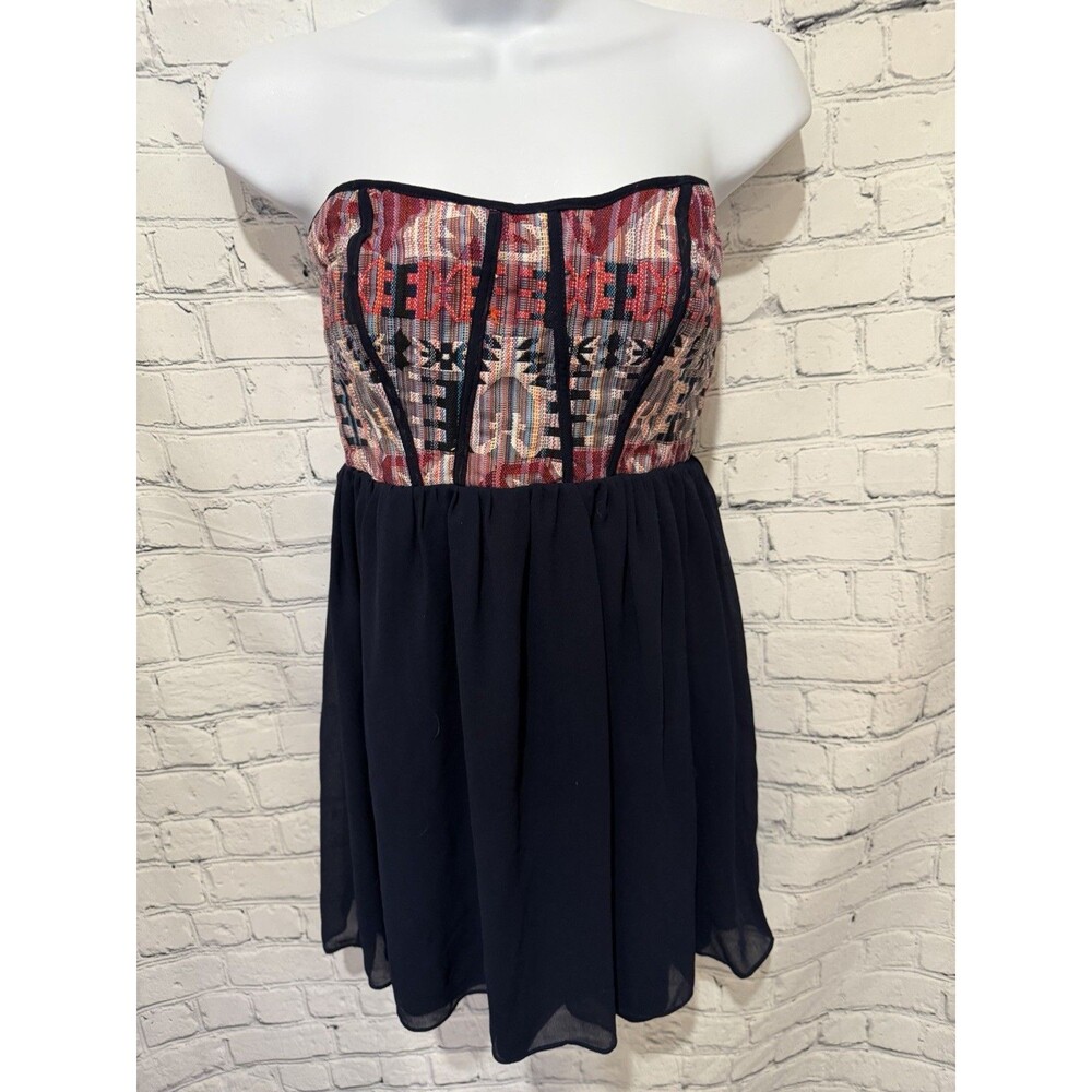 Ya Los Angeles Strapless Boho Mini Dress Silk Blend Navy Aztec Tapestry Print S